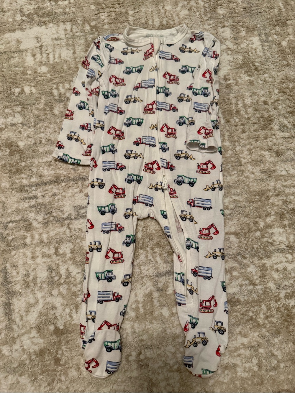 Little Me Bamboo White Baby Footed Pajamas with Red, Green, Blue Truck Print 6M